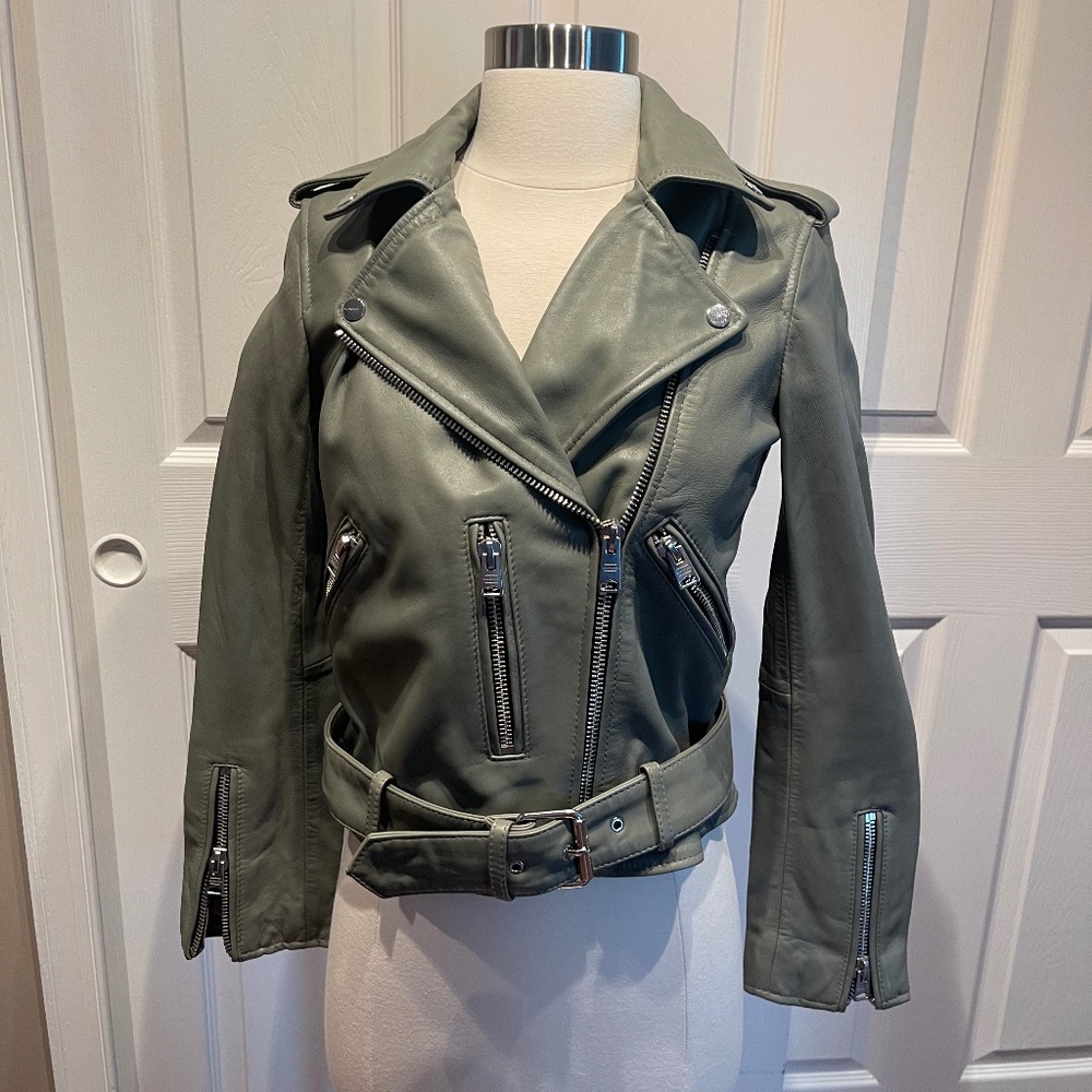 AllSaints Balfern Leather Biker Jacket Green Sage size 2 US